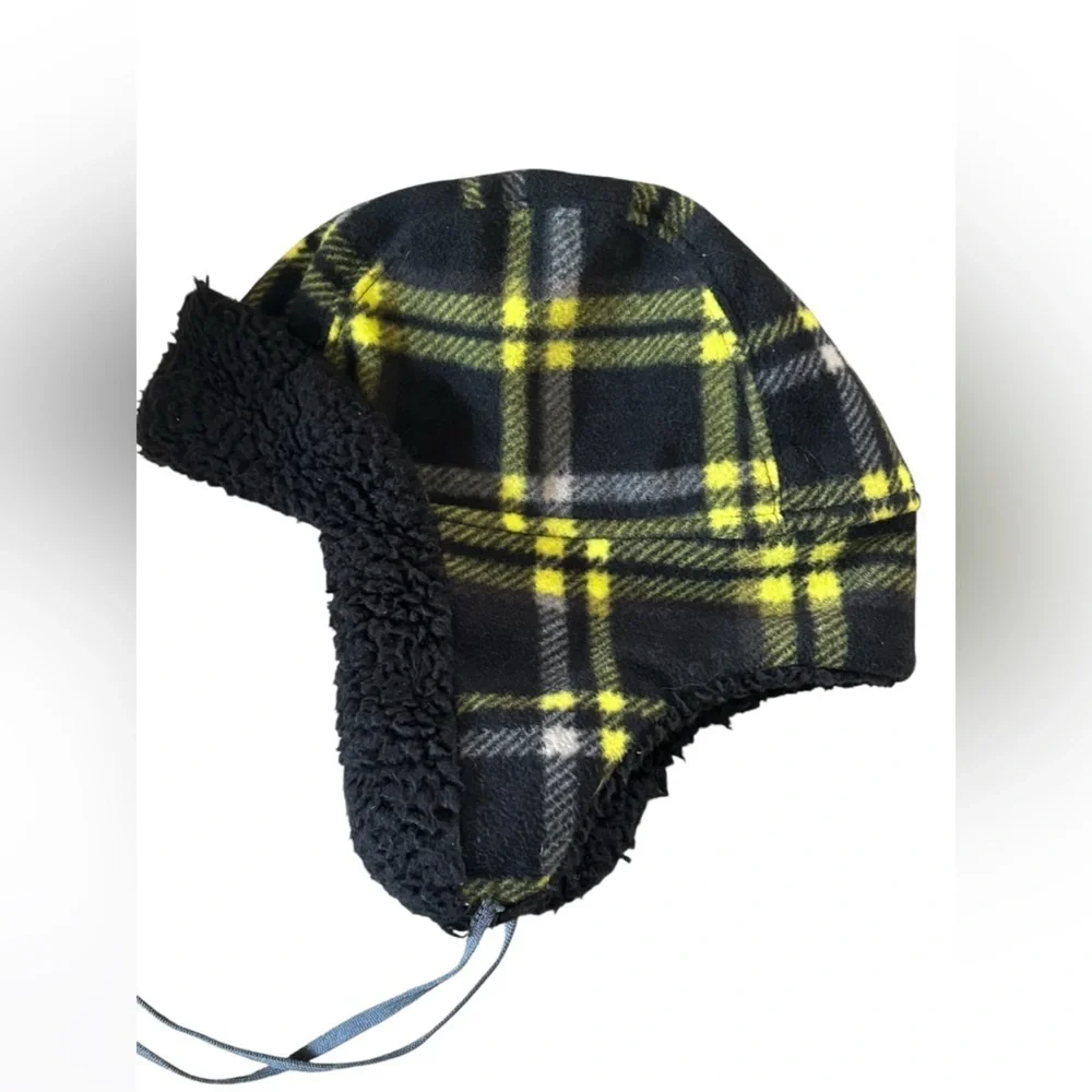 Kids Black Yellow Plaid Fleece Trapper Hat Sherpa Lined Winter Ear Flap 2–5T